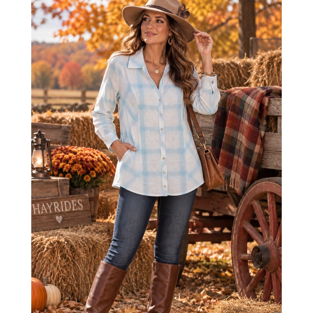 Soft Surroundings Blue White Plaid Cotton Button Down Tunic Top Pockets Large